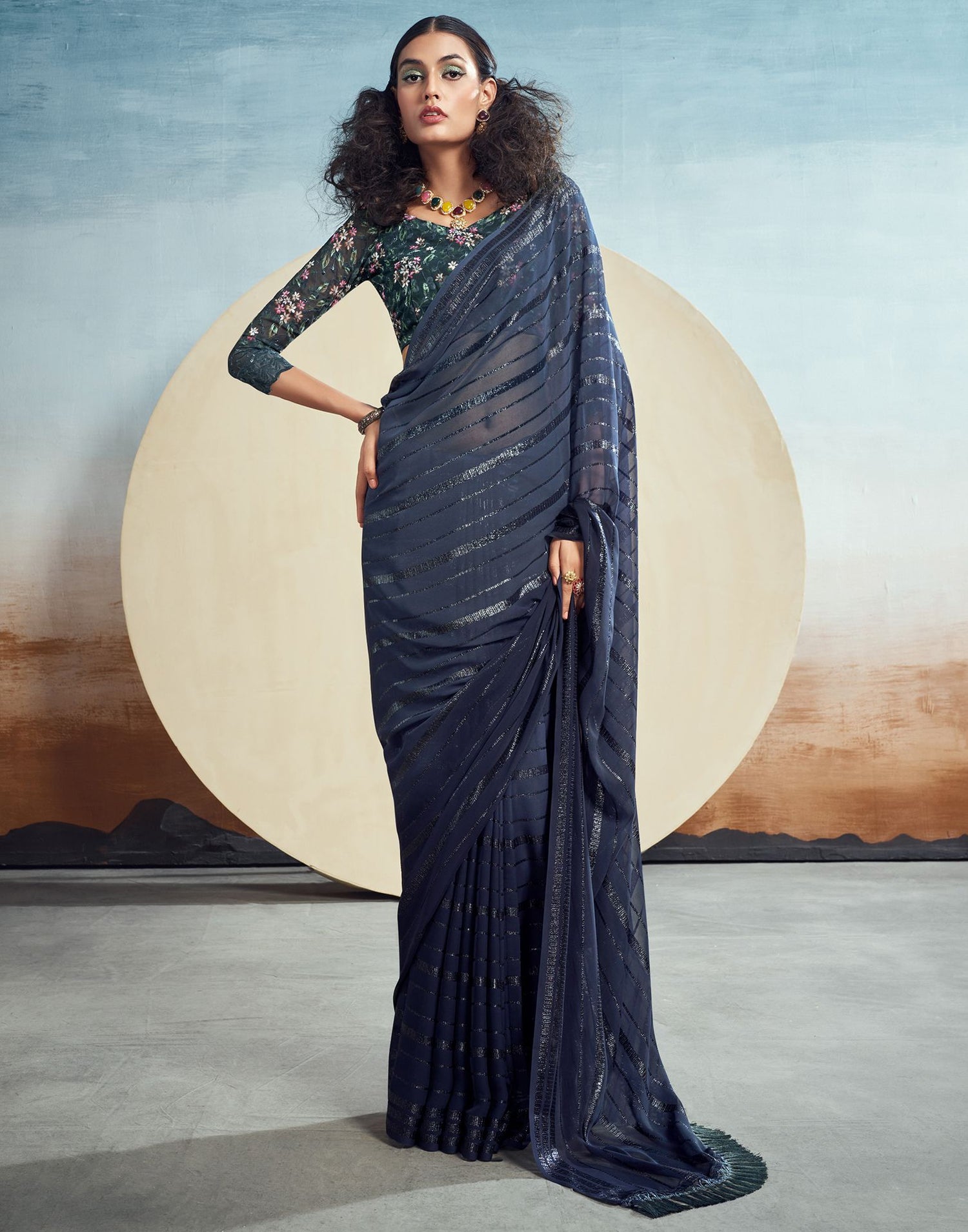 Navy Blue Plain Georgette Saree