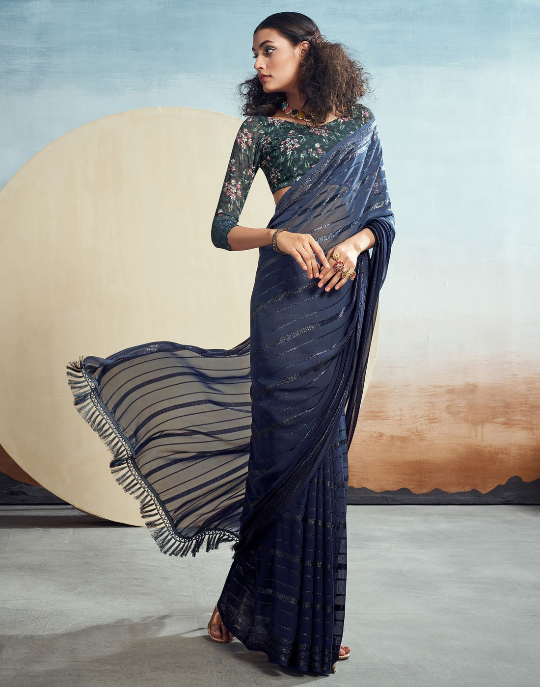 Navy Blue Plain Georgette Saree