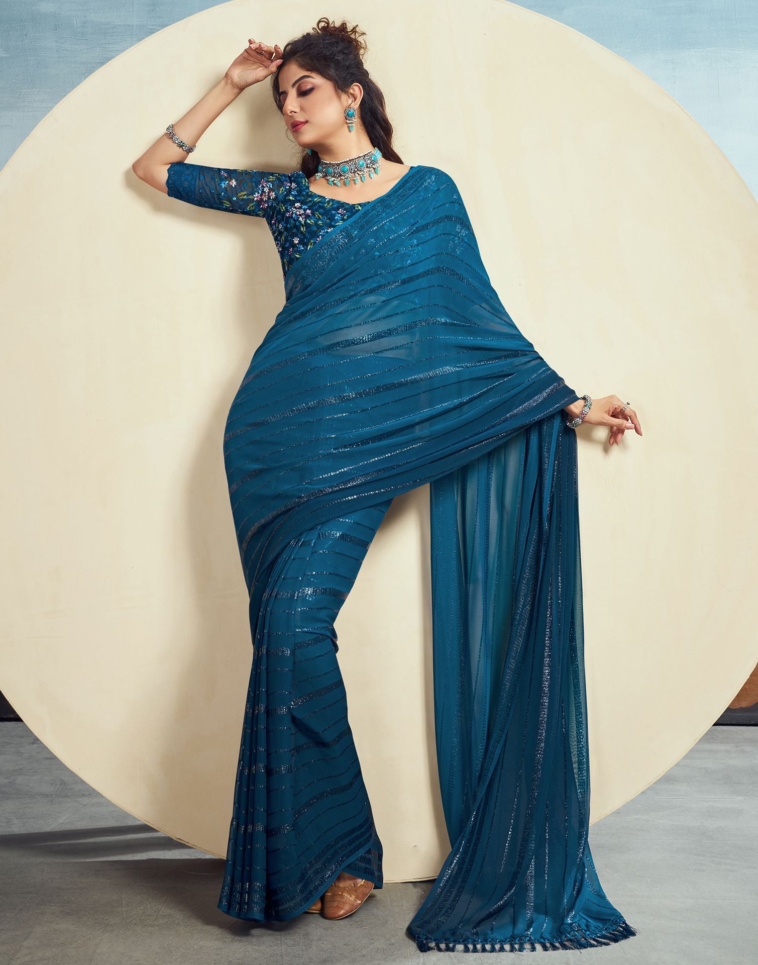 Teal Blue Plain Georgette Saree