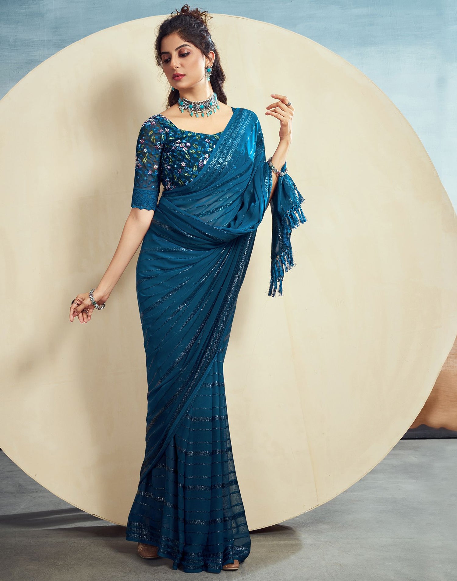 Teal Blue Plain Georgette Saree