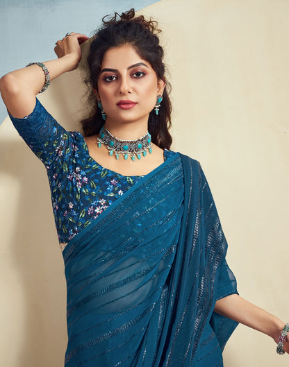 Teal Blue Plain Georgette Saree