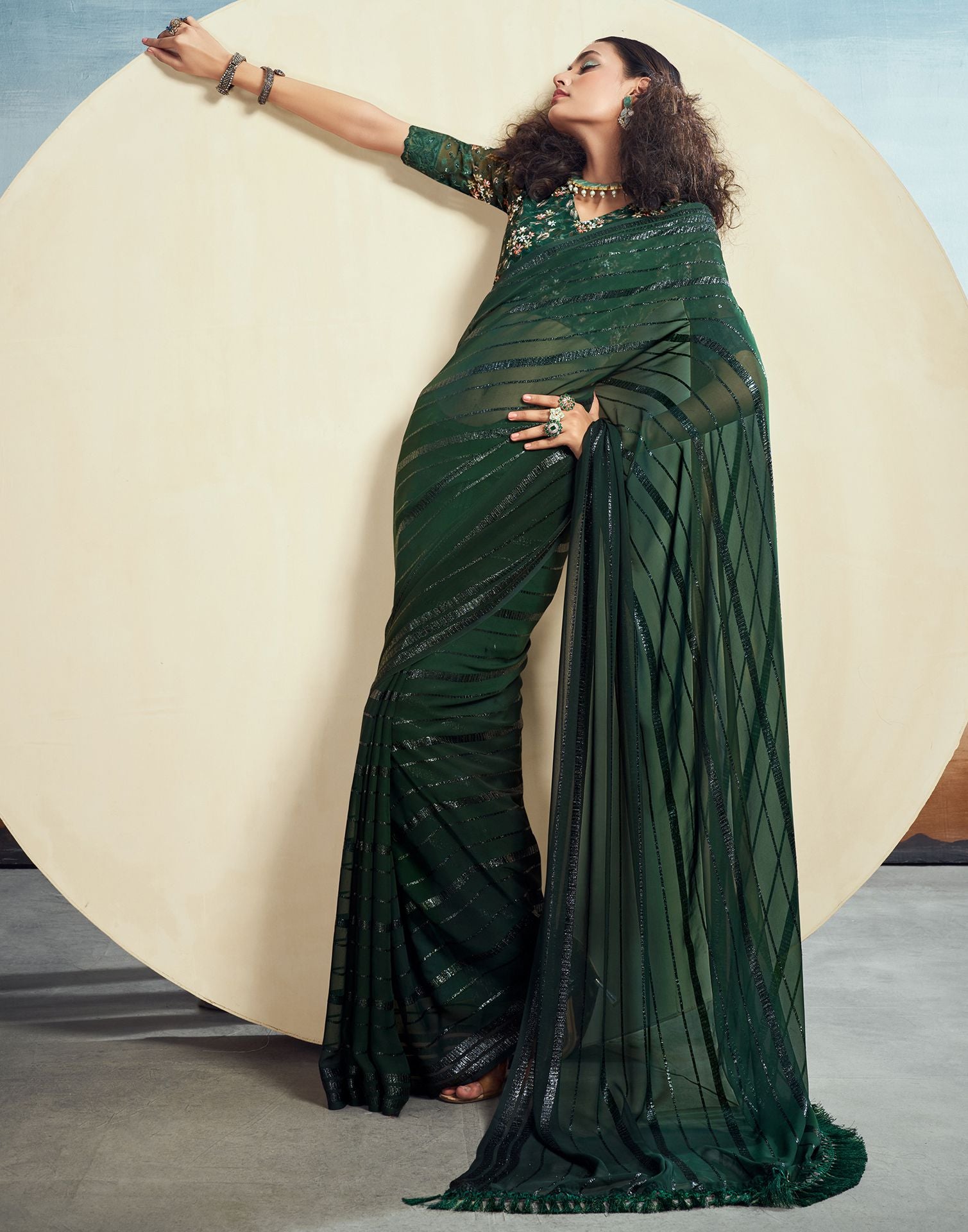 Dark Green Plain Georgette Saree