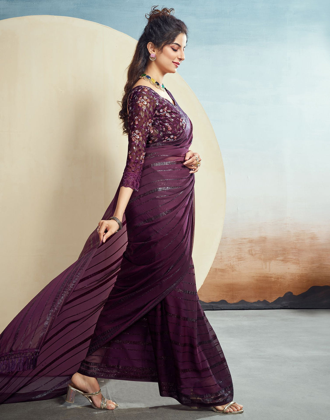 Wine Plain Georgette Saree