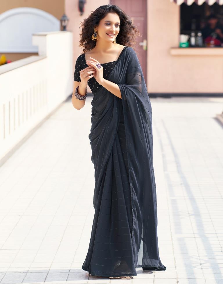 Black Plain Georgette Saree