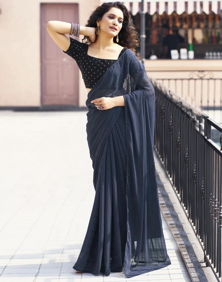 Black Plain Georgette Saree