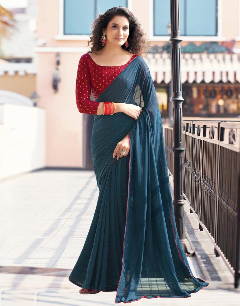 Dark Rama Blue Plain Georgette Saree