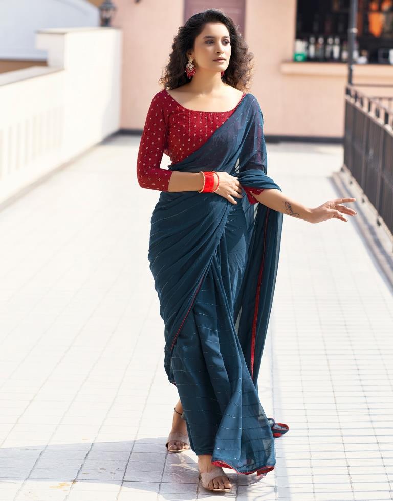 Dark Rama Blue Plain Georgette Saree