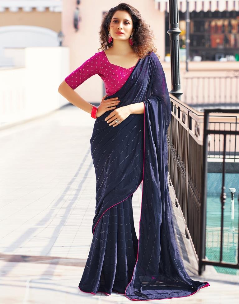 Navy Blue Plain Georgette Saree