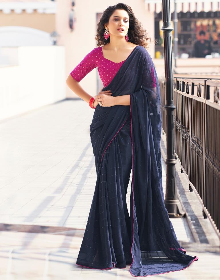 Navy Blue Plain Georgette Saree Sudathi