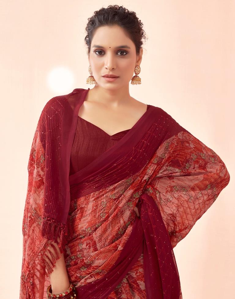 Maroon Printed Georgette Saree