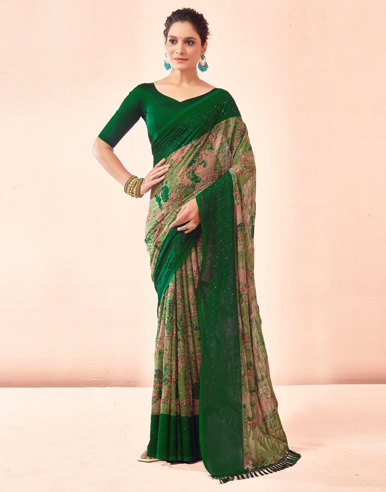 Dark Green Printed Georgette Saree