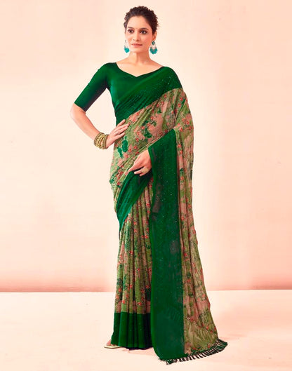 Dark Green Printed Georgette Saree