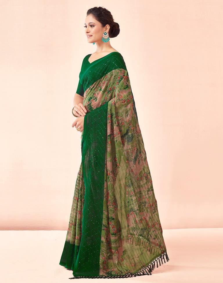 Dark Green Printed Georgette Saree