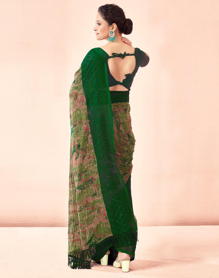 Dark Green Printed Georgette Saree