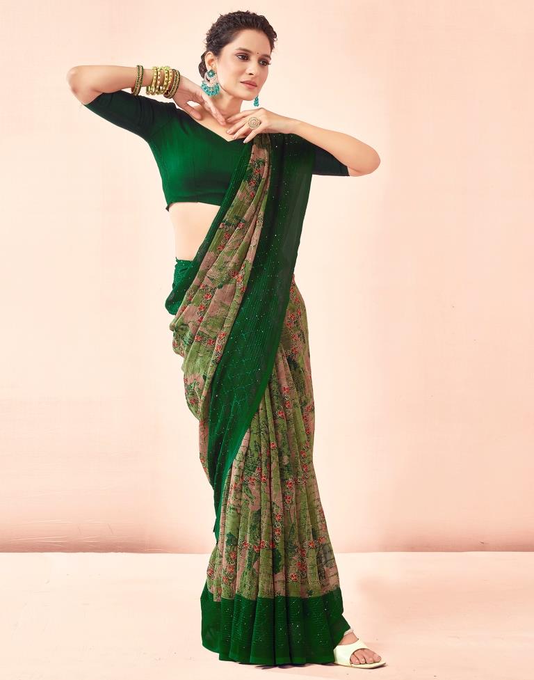 Dark Green Printed Georgette Saree