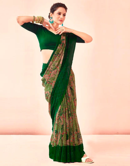 Dark Green Printed Georgette Saree