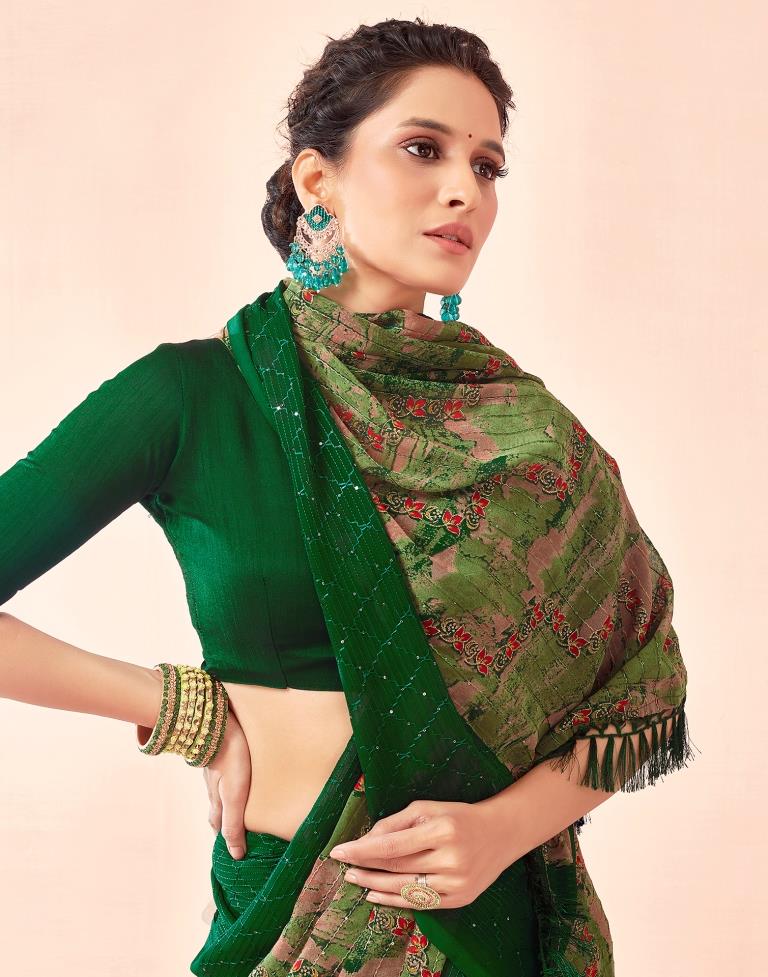 Dark Green Printed Georgette Saree