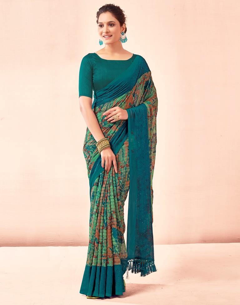 Rama Blue Printed Georgette Saree