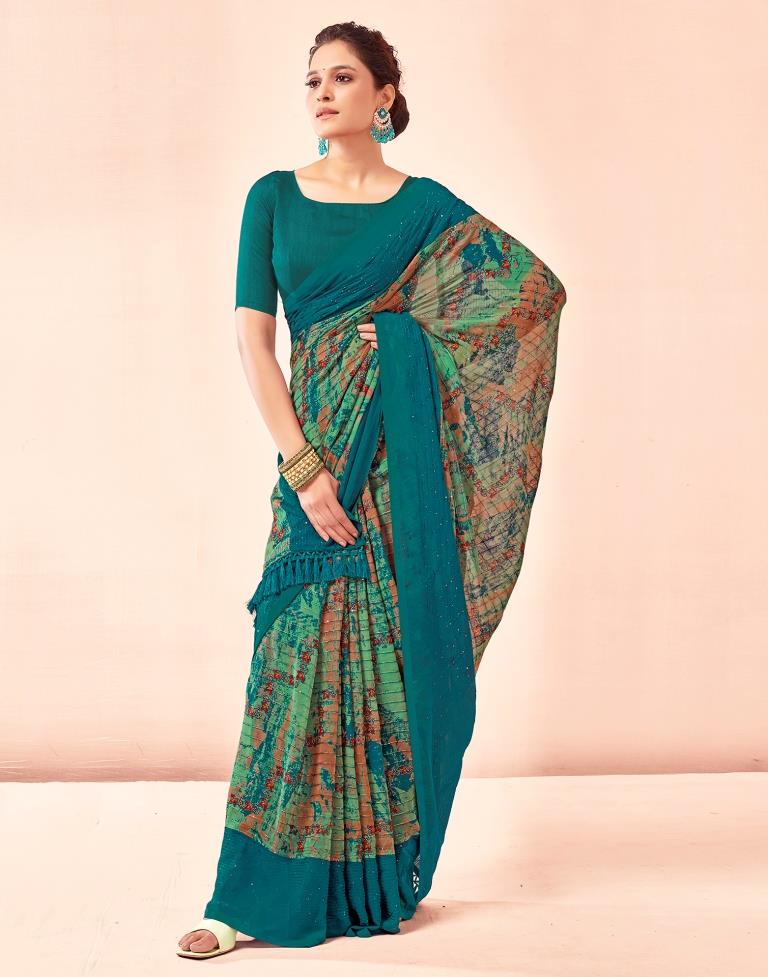 Rama Blue Printed Georgette Saree