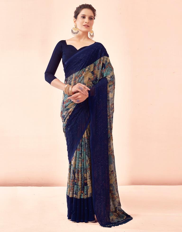 Navy Blue Printed Georgette Saree