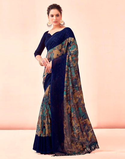 Navy Blue Printed Georgette Saree