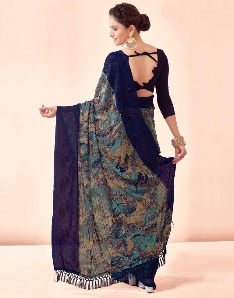 Navy Blue Printed Georgette Saree