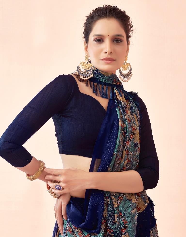 Navy Blue Printed Georgette Saree