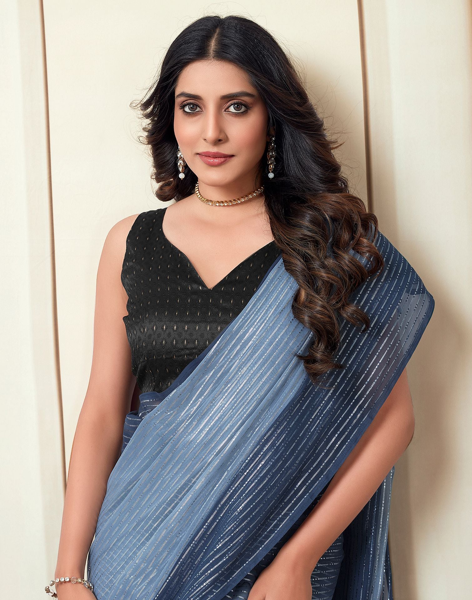 Ready to Wear Blue Wovern Zari Strip Georgette Saree