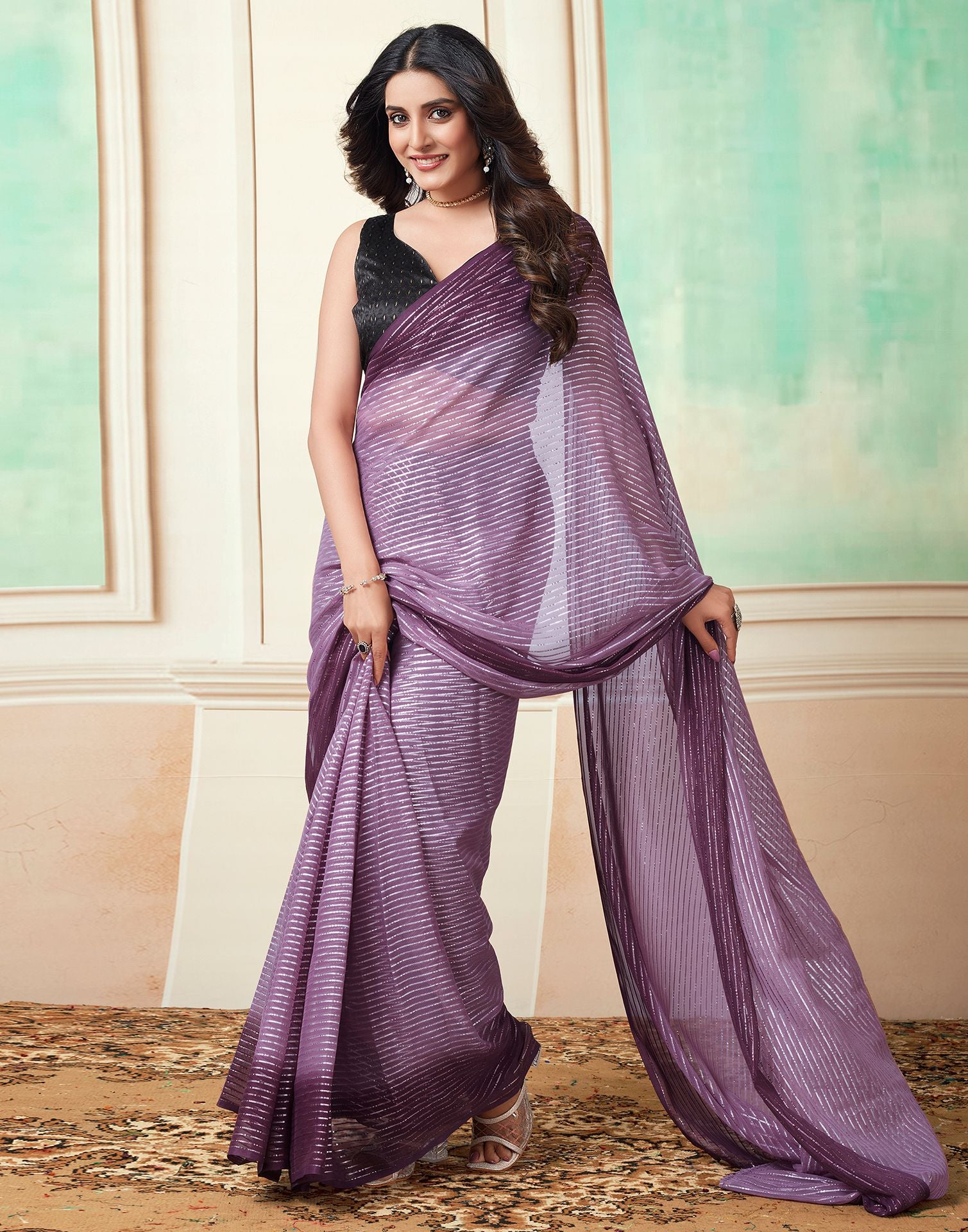 Ready to Wear Deep Purple Wovern Zari Strip Georgette Saree