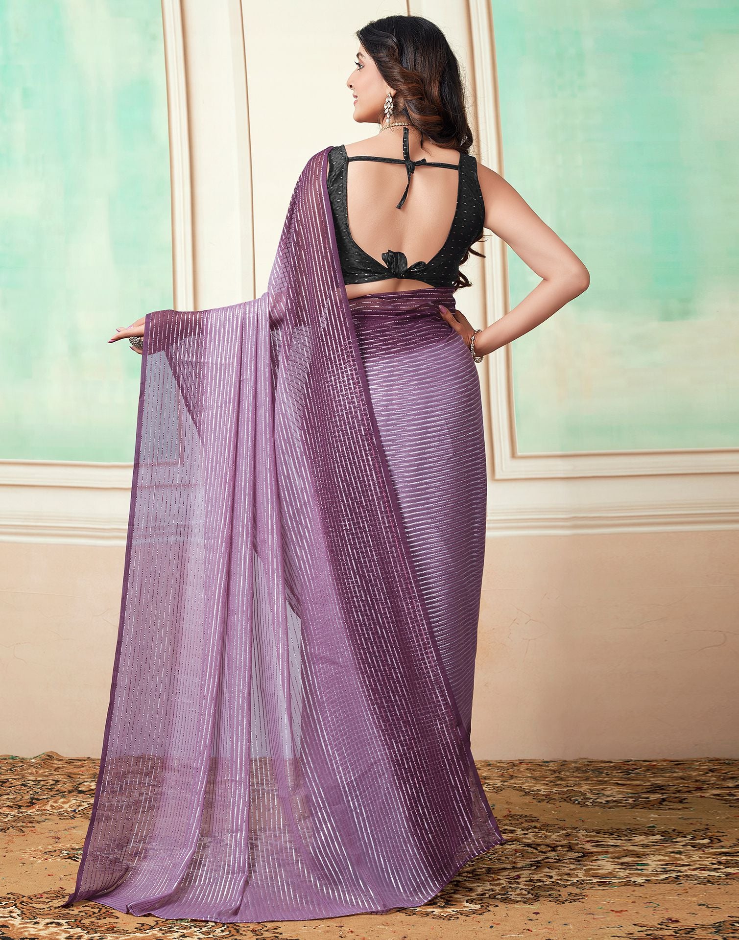 Ready to Wear Deep Purple Wovern Zari Strip Georgette Saree