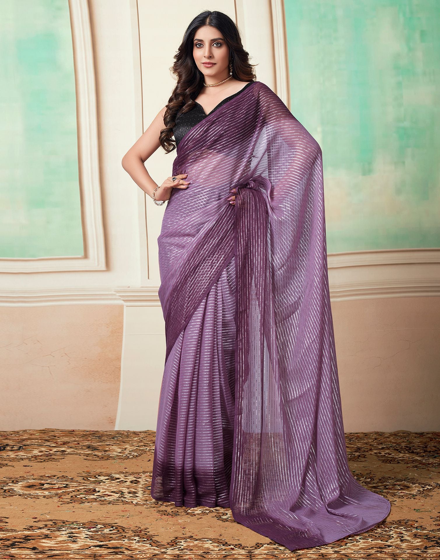 Ready to Wear Deep Purple Wovern Zari Strip Georgette Saree