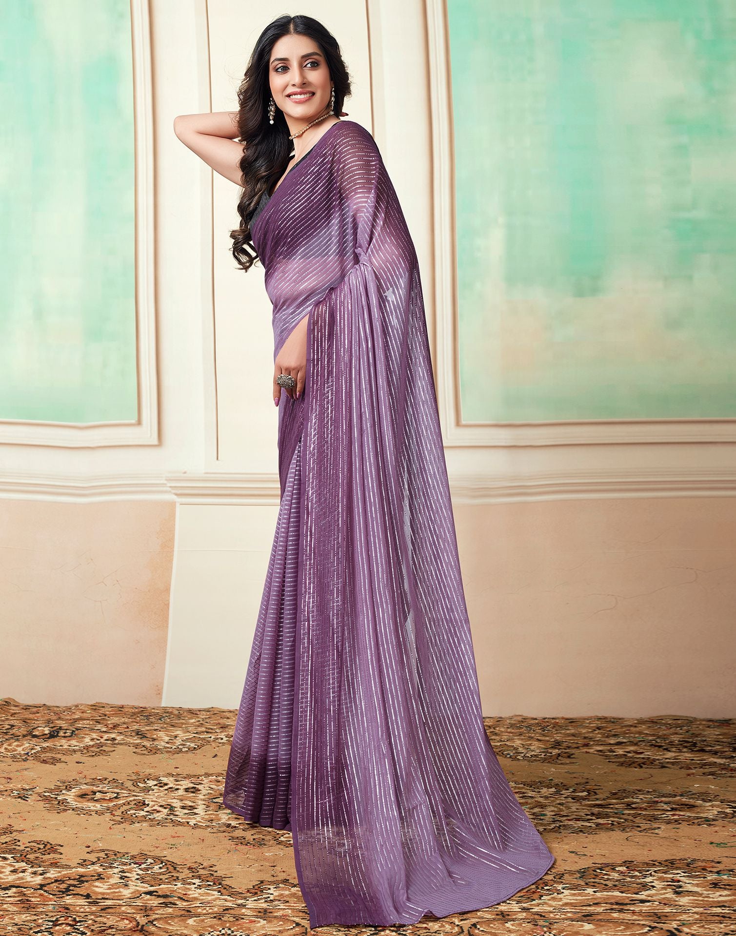 Ready to Wear Deep Purple Wovern Zari Strip Georgette Saree