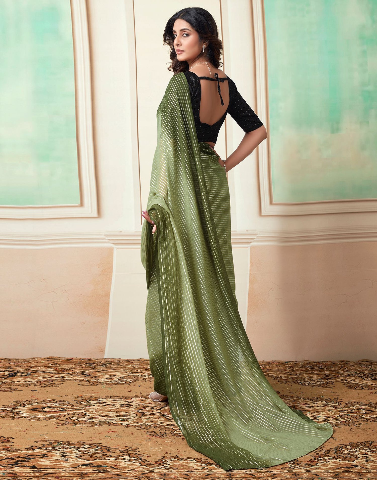 Ready to Wear Green Wovern Zari Strip Georgette Saree