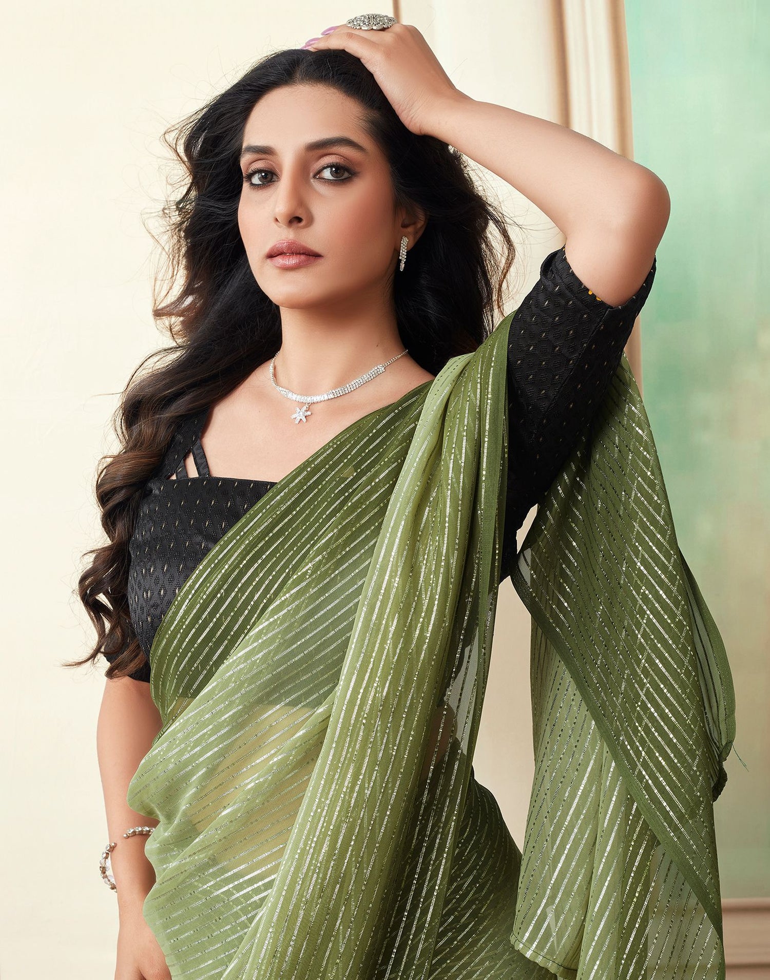 Ready to Wear Green Wovern Zari Strip Georgette Saree