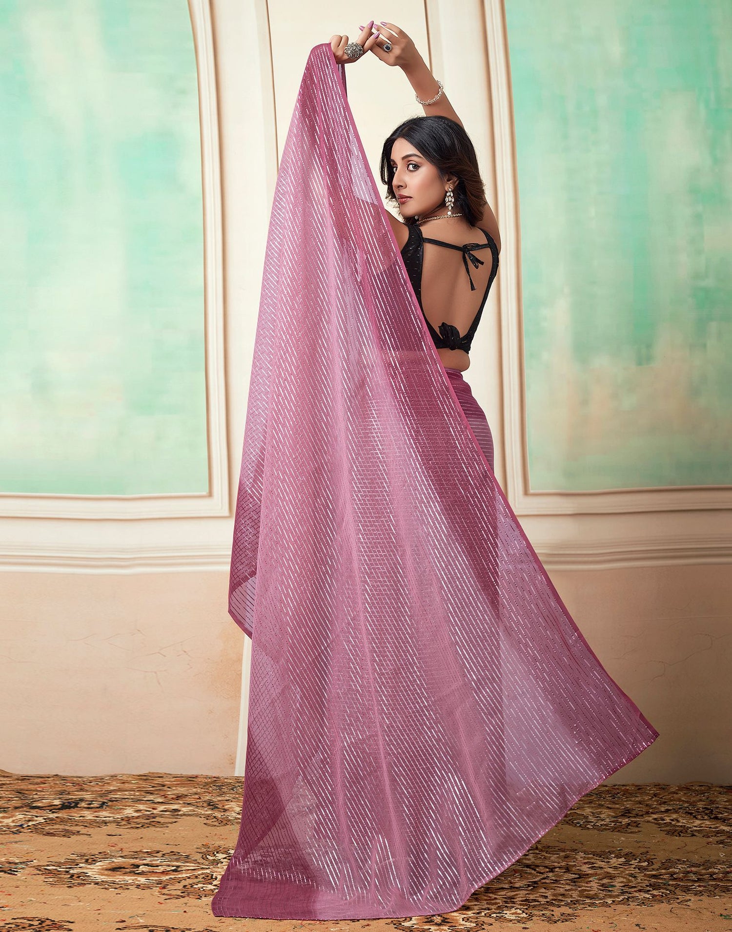 Ready to Wear Pink Wovern Zari Strip Georgette Saree