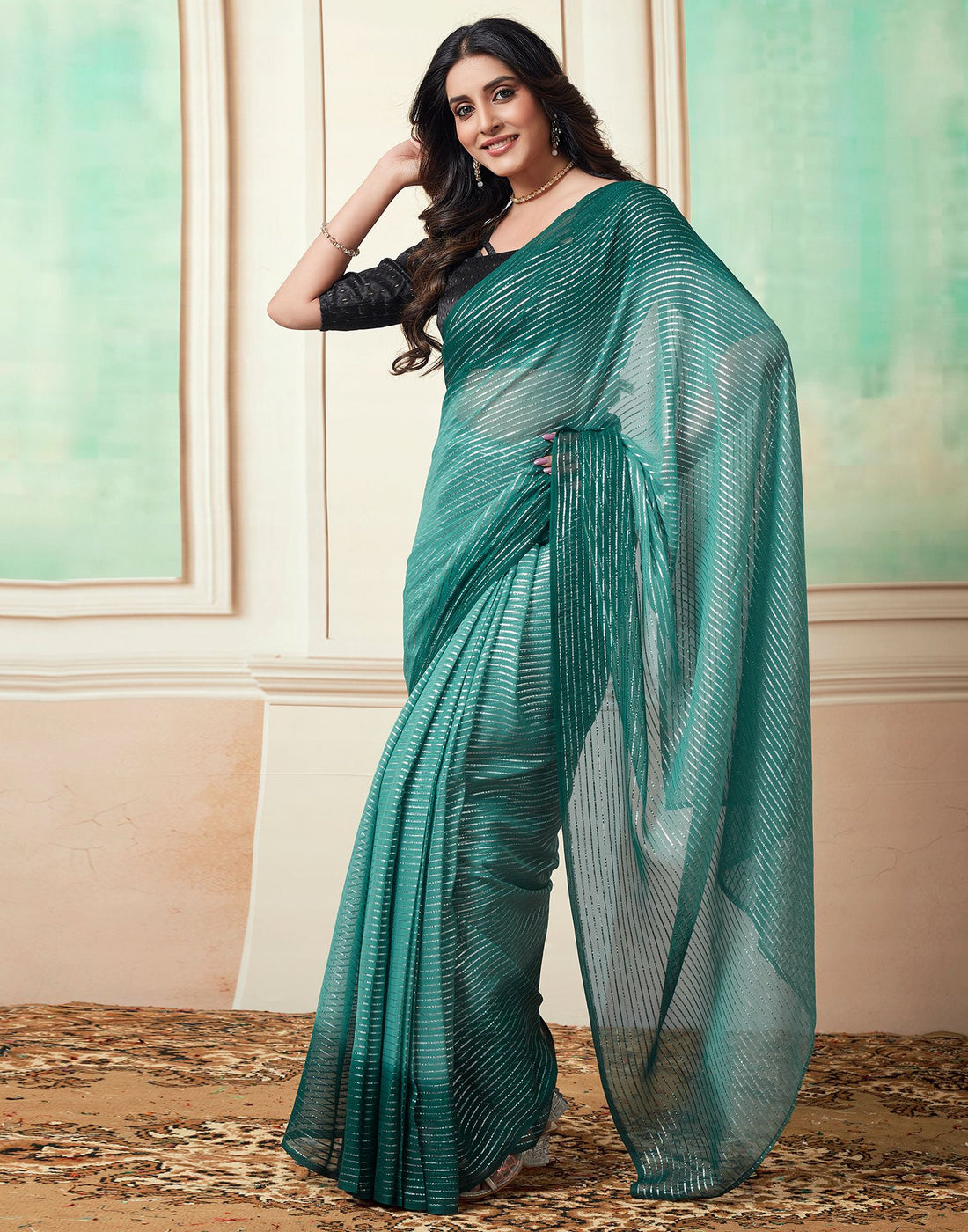 Ready to Wear Rama Wovern Zari Strip Georgette Saree