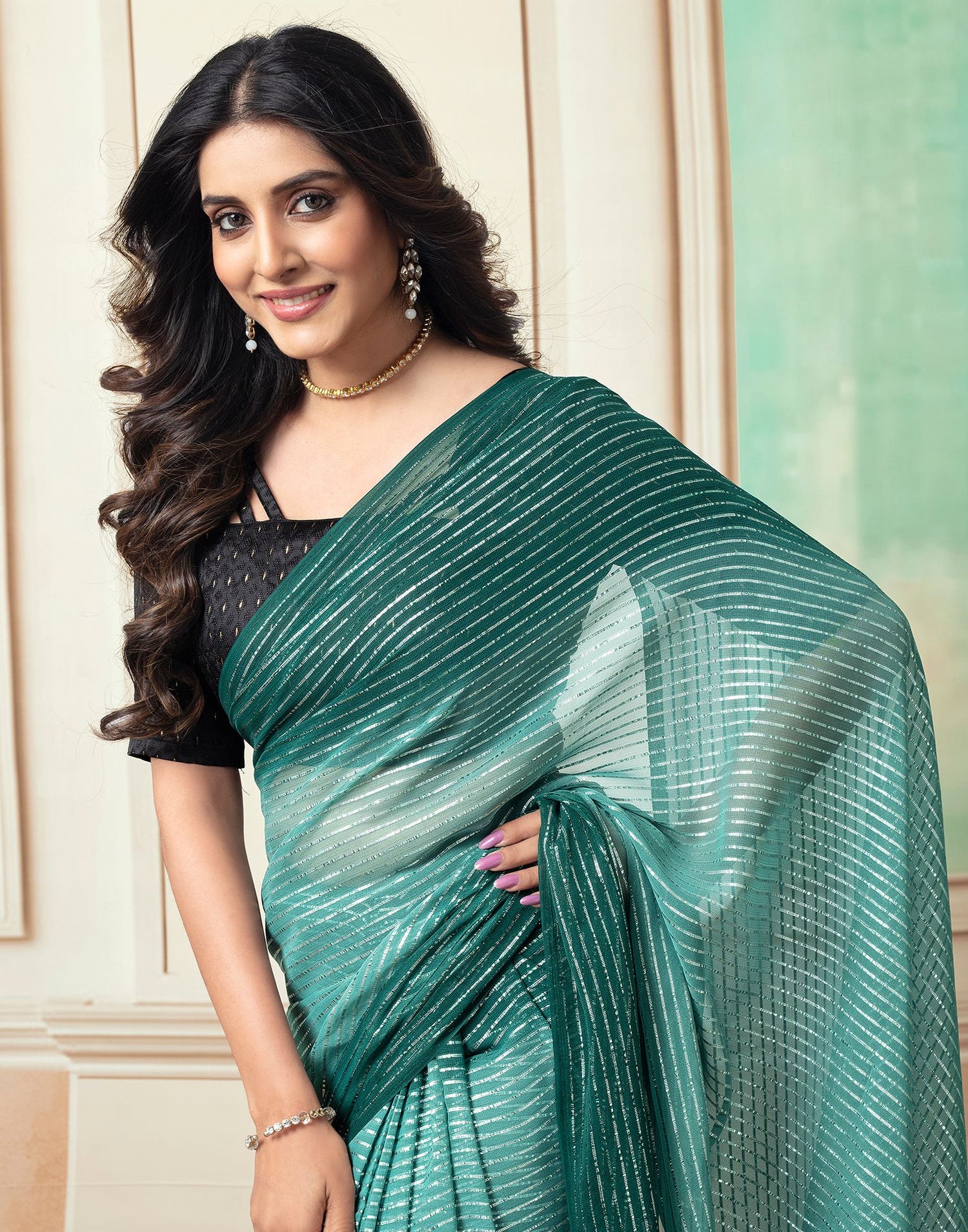 Ready to Wear Rama Wovern Zari Strip Georgette Saree