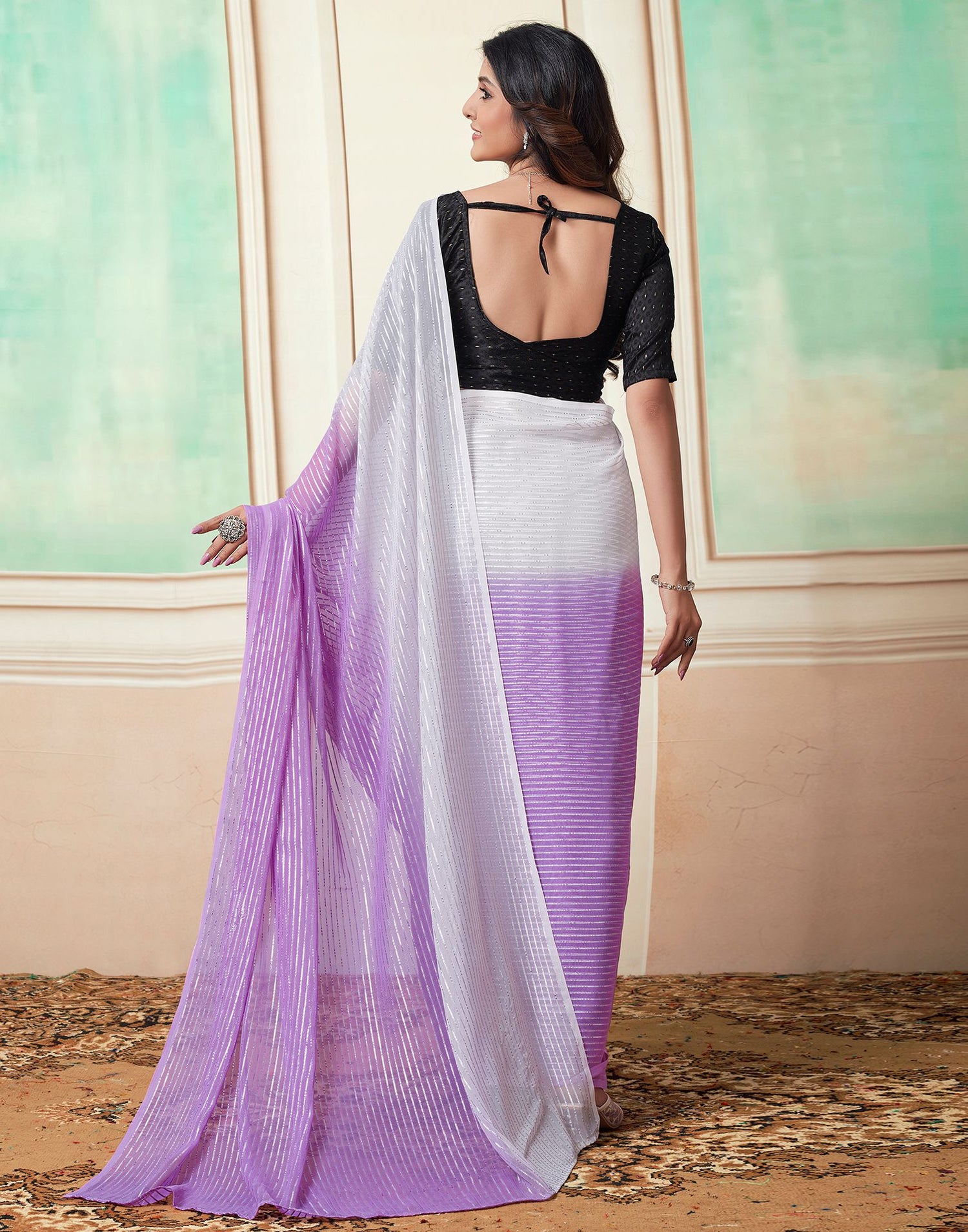 Ready to Wear Purple Wovern Zari Strip Georgette Saree