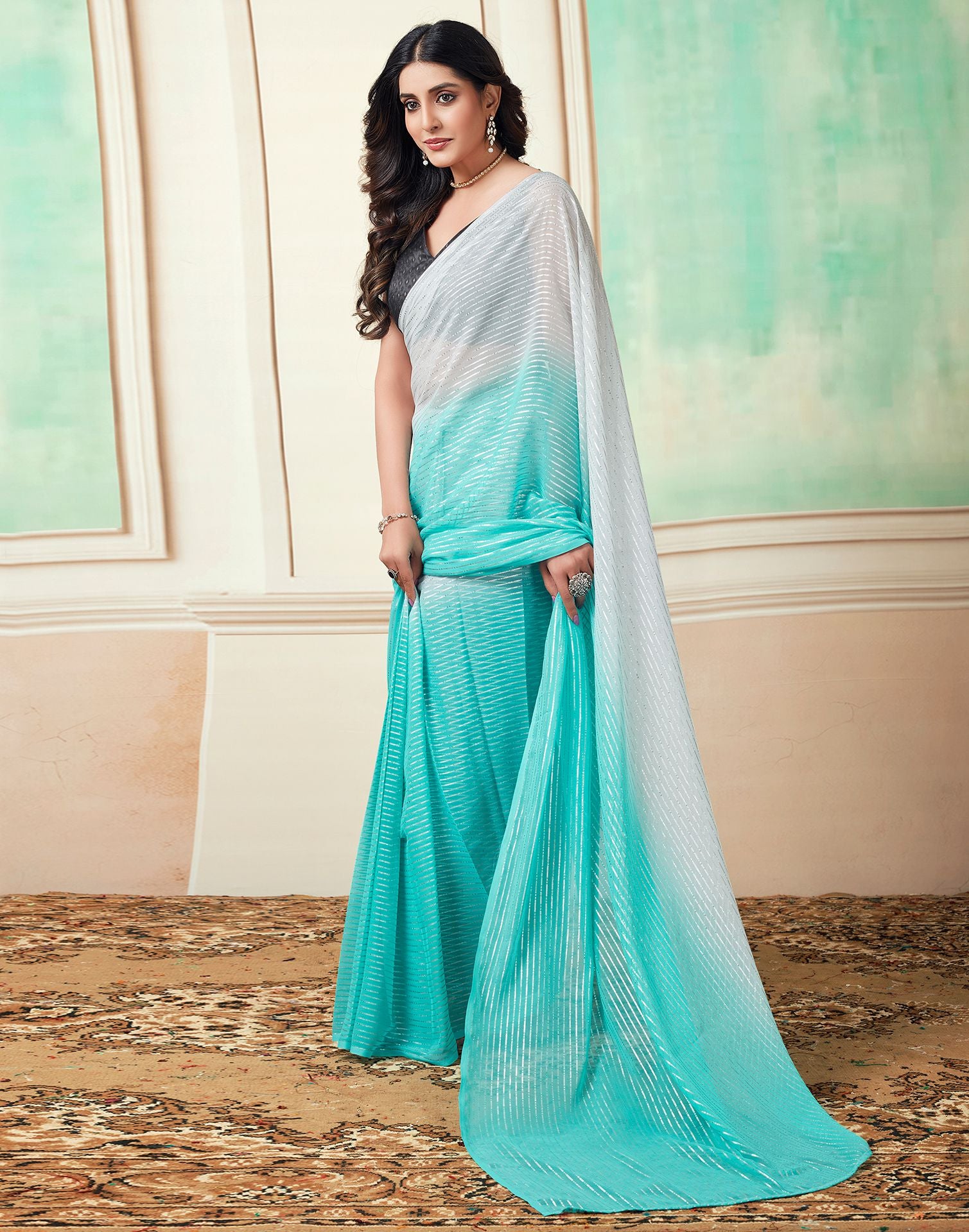 Ready to Wear Turquoise Wovern Zari Strip Georgette Saree