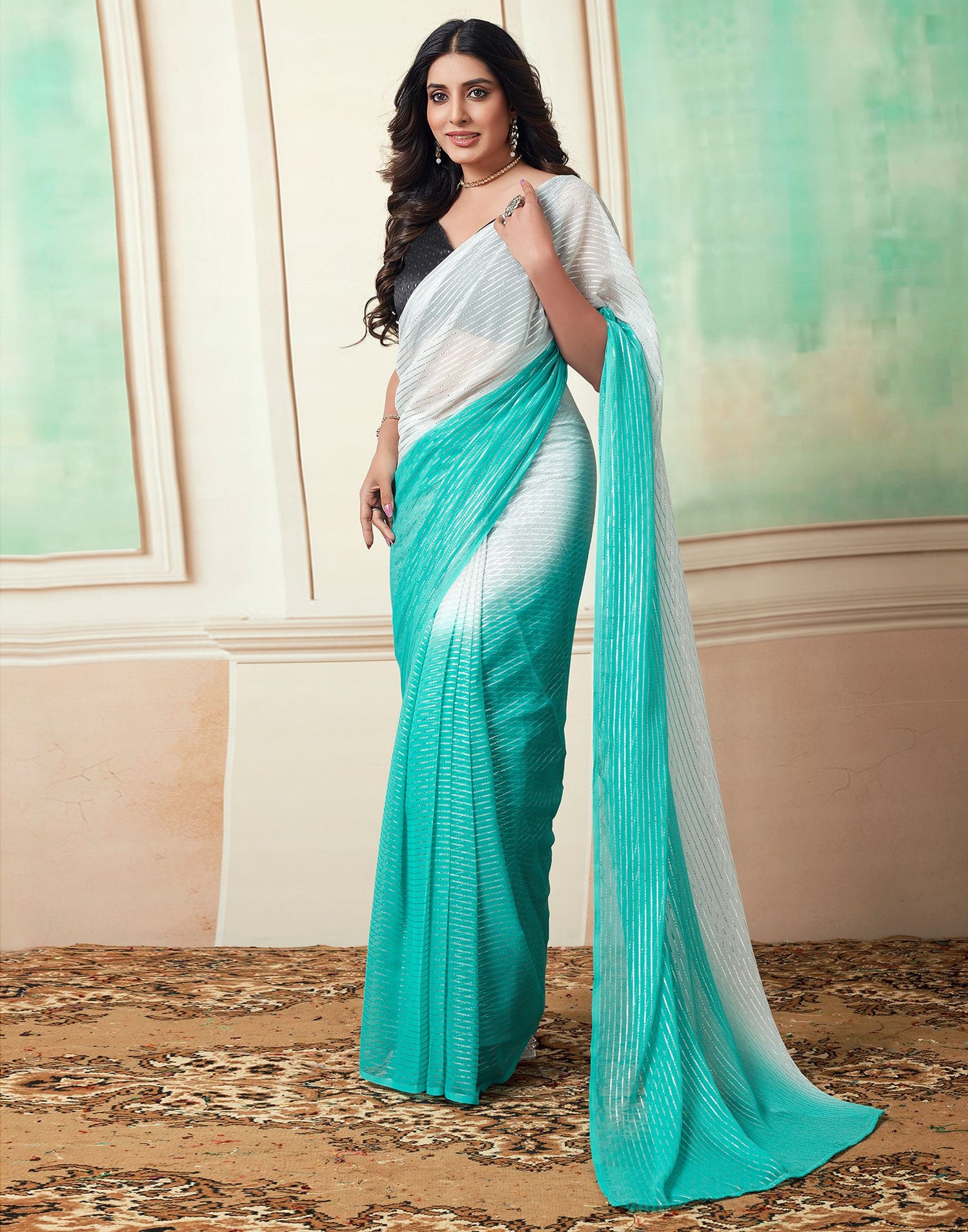 Ready to Wear Turquoise Wovern Zari Strip Georgette Saree