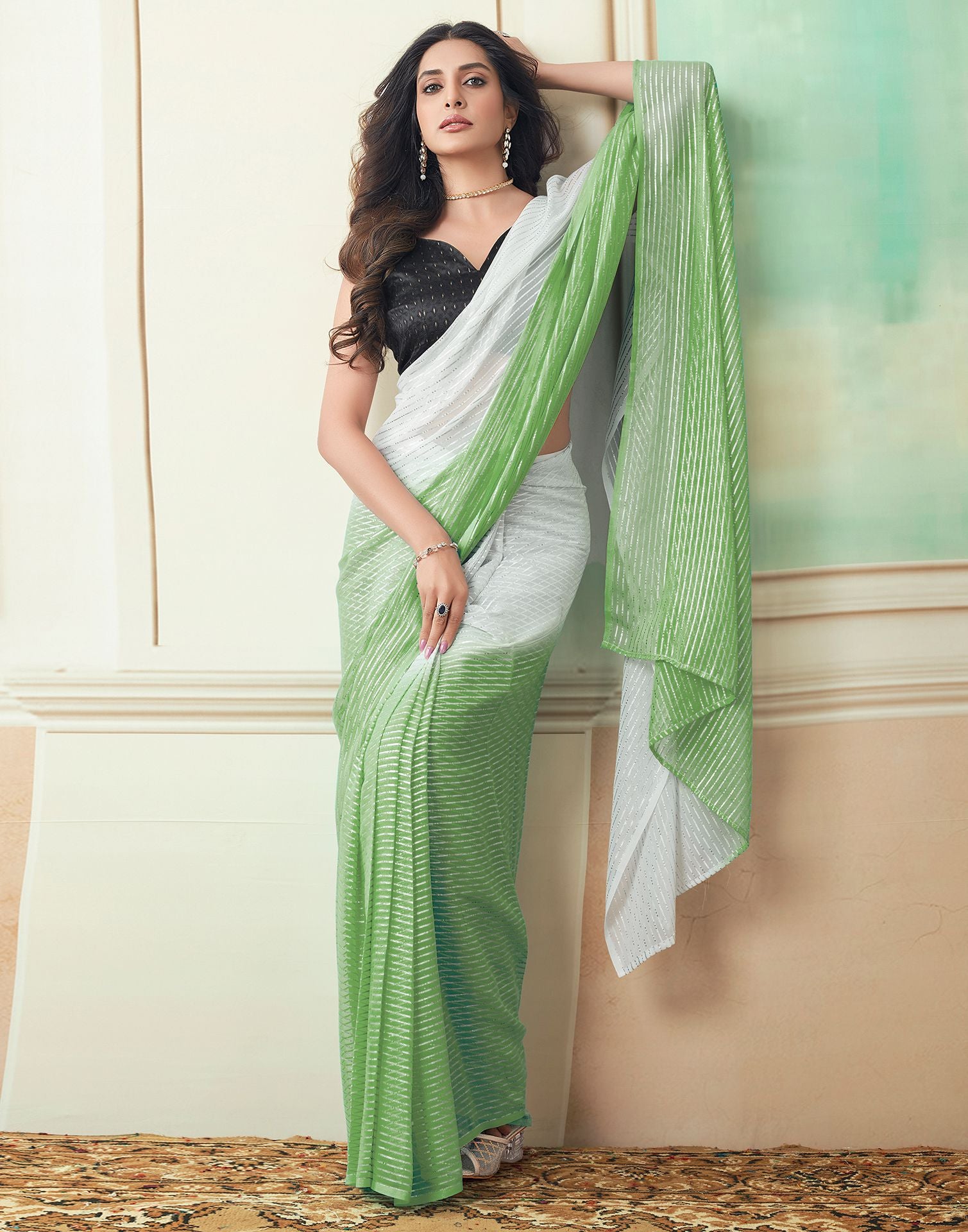 Ready to Wear Green Wovern Zari Strip Georgette Saree