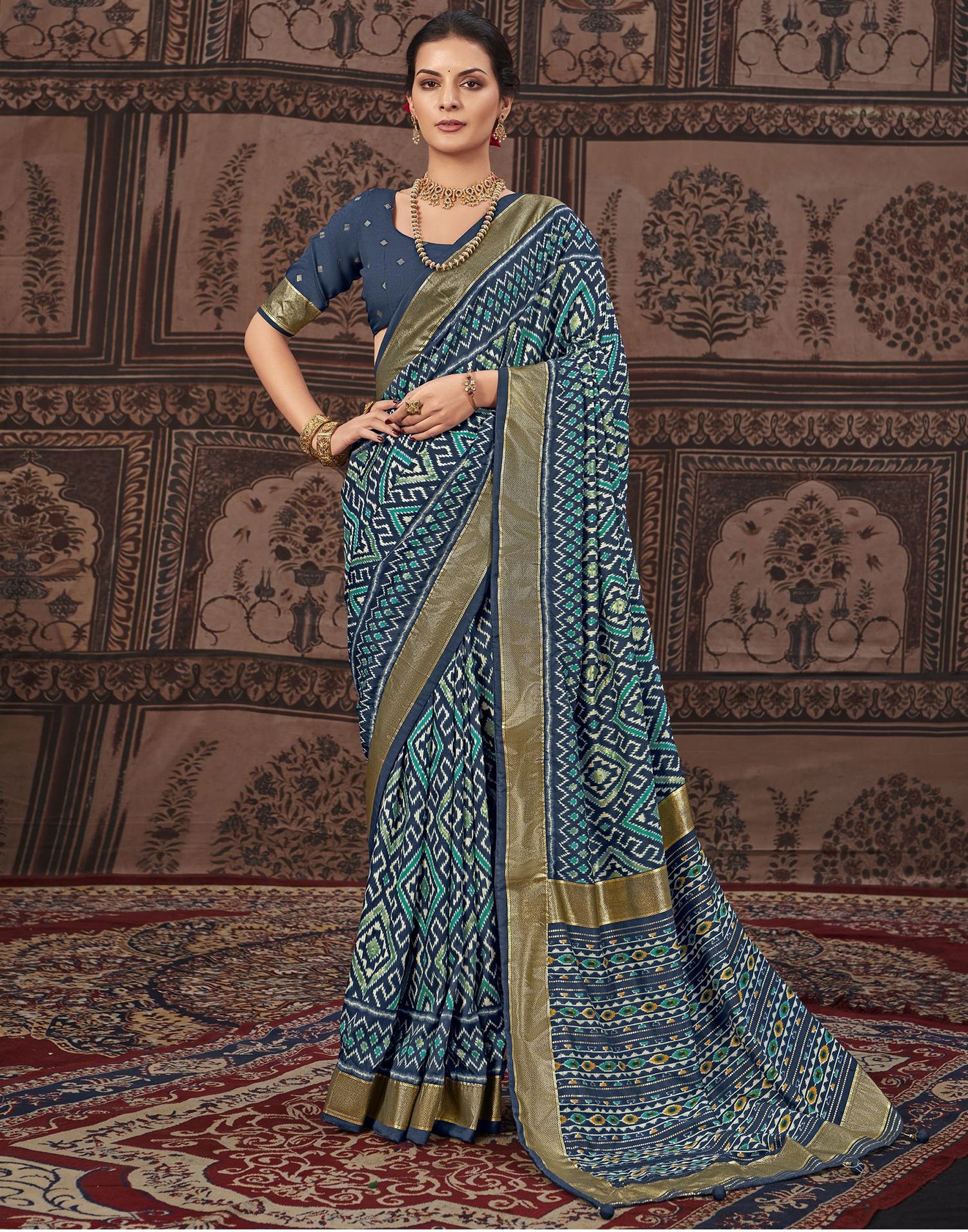 Navy Blue Printed Silk Saree