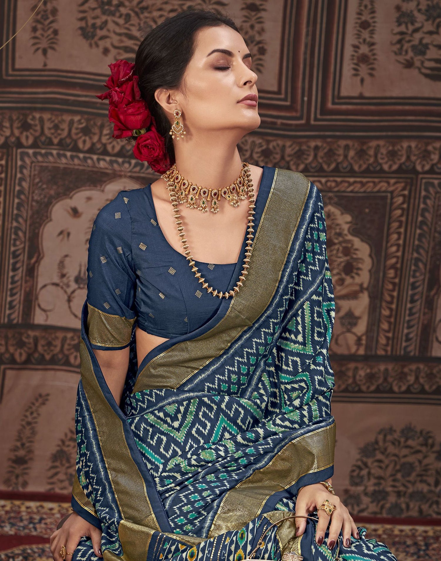 Navy Blue Printed Silk Saree