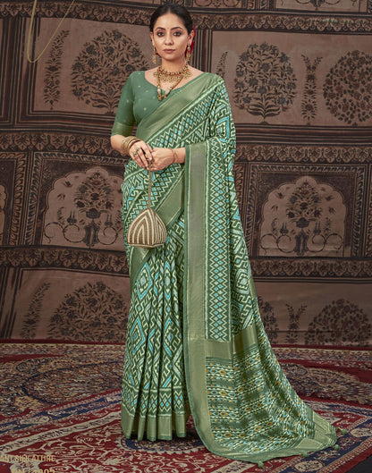 Dark Pista Green Printed Silk Saree