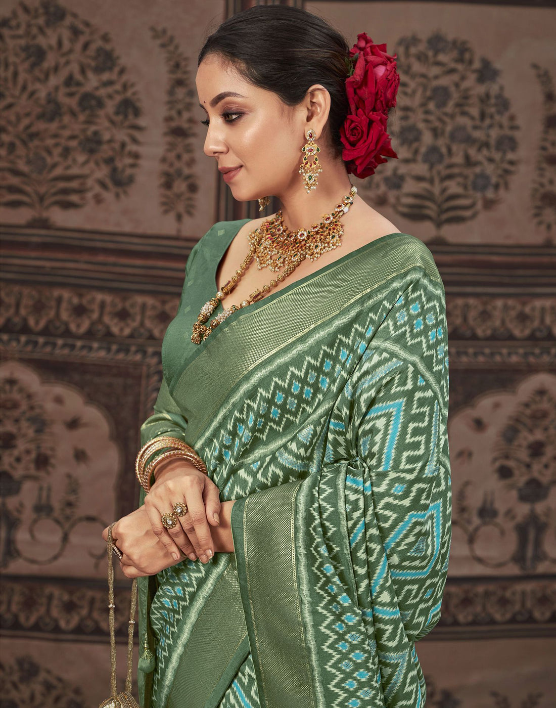 Dark Pista Green Printed Silk Saree