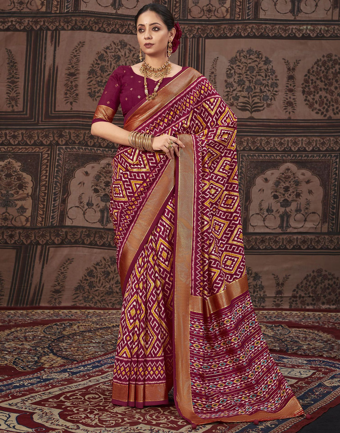 Maroon Printed Silk Saree