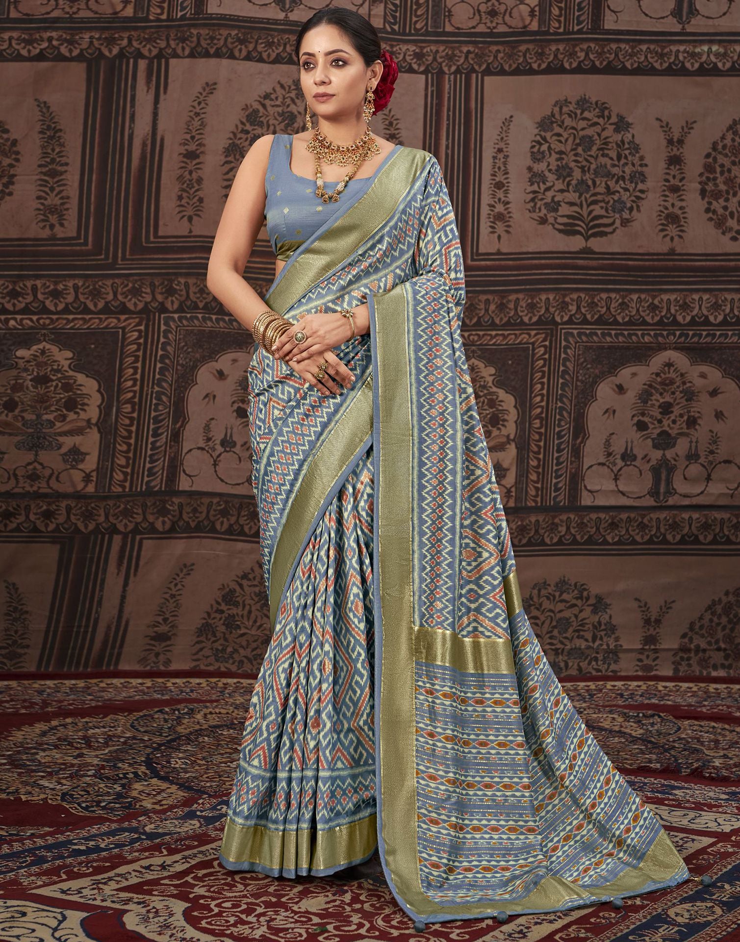 Grey Printed Silk Saree