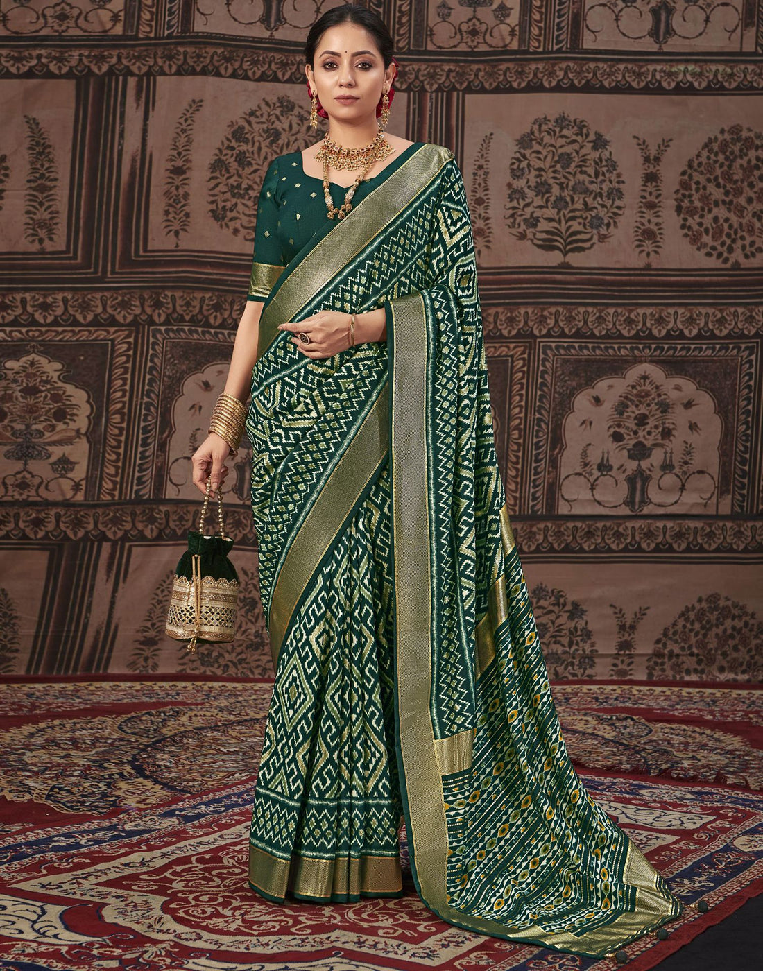 Bottle Green Printed Silk Saree