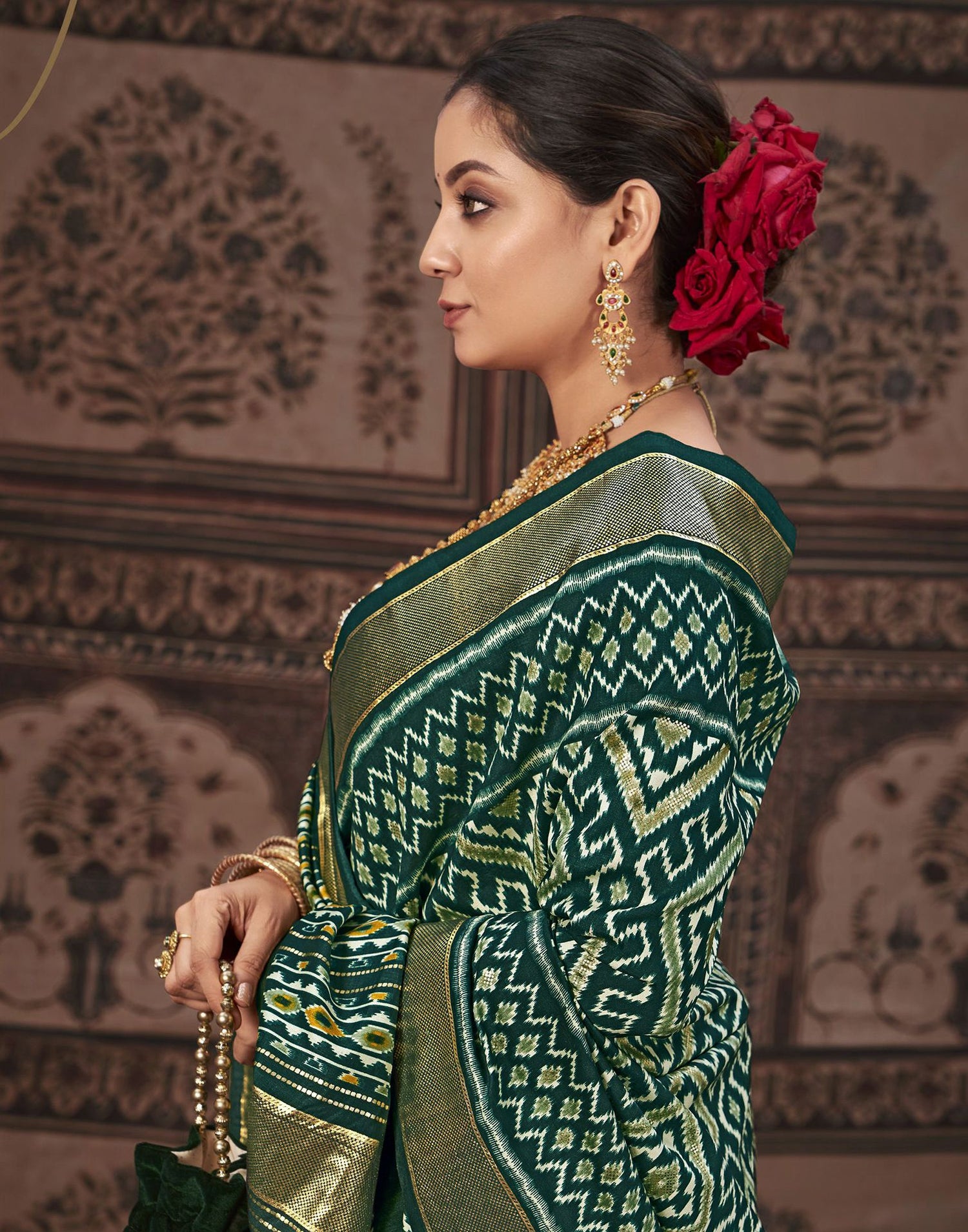 Bottle Green Printed Silk Saree