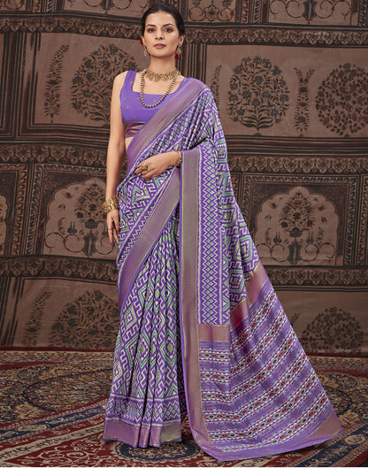 Lavender &amp; Multicoloured Printed Silk Saree